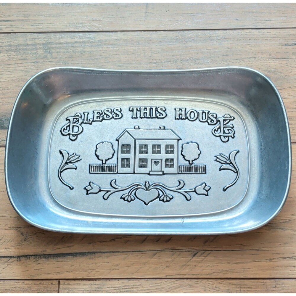 Wilton Armetale “Bless This House” VINTAGE Silver Matte Metal Rectangular Tray